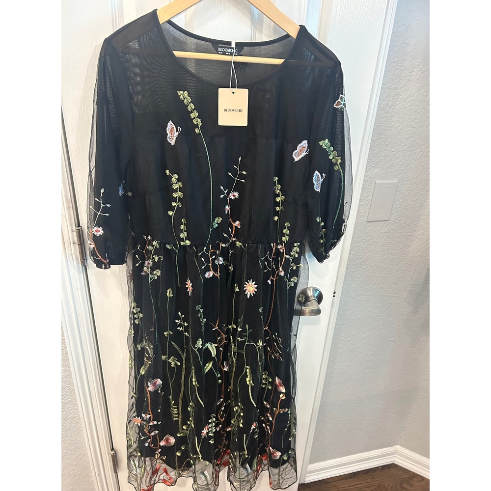 BloomChic Midi Dress Black Embroidered Floral Butterfly Mesh NWT Boho Garden